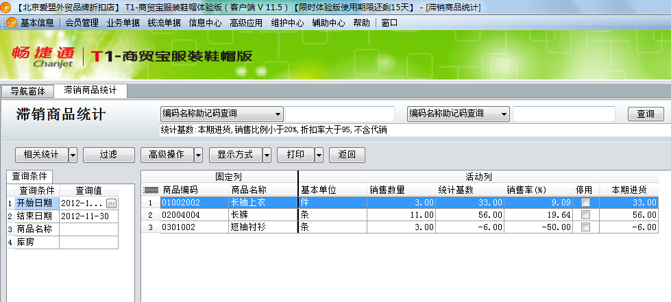用友t1商貿(mào)寶服裝鞋帽版11.5如何查詢(xún)滯銷(xiāo)的商品？